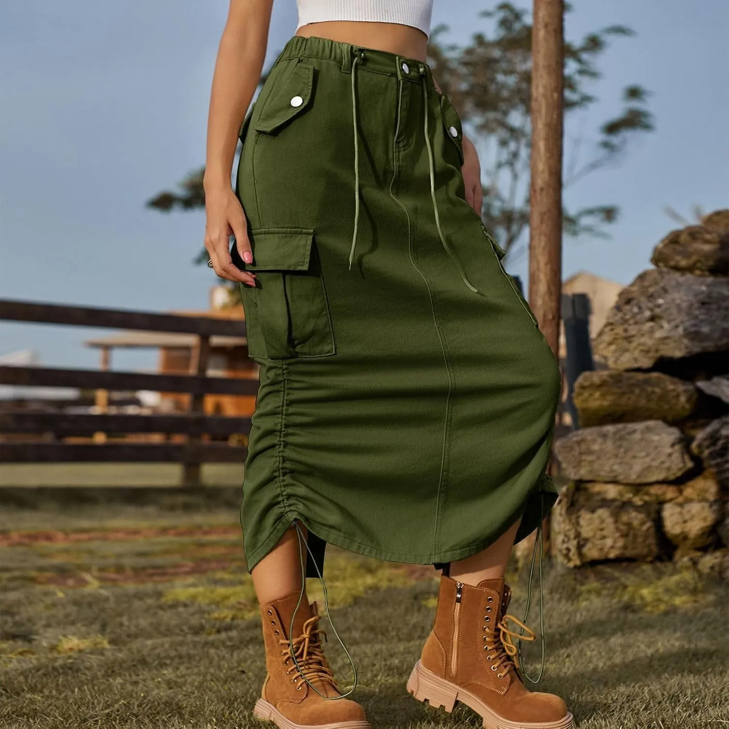 Lu's Chic Women's Denim Skirt Elastic Waist Cargo Western Jean Skirt Summer Pleated Button Pocket Drawstring