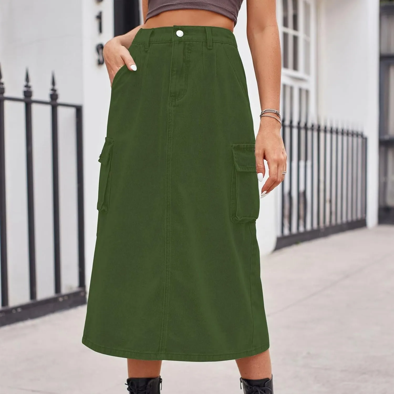 Lu's Chic Women's Denim Skirt High Waisted Western Tea Length Jean Skirt Casual Spring Comfy Zip Up Pocket