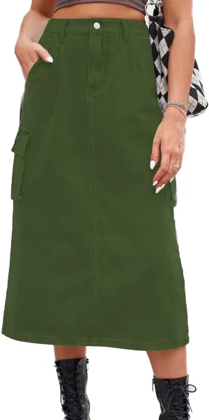 Lu's Chic Women's Denim Skirt High Waisted Western Tea Length Jean Skirt Casual Spring Comfy Zip Up Pocket