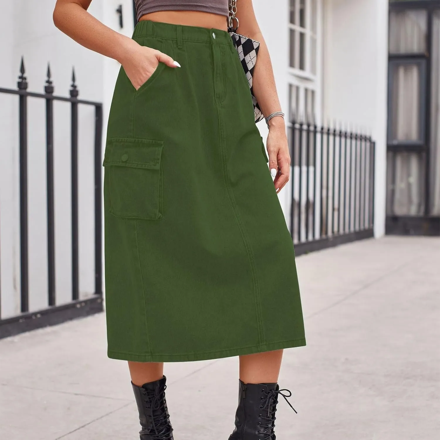 Lu's Chic Women's Denim Skirt High Waisted Western Tea Length Jean Skirt Casual Spring Comfy Zip Up Pocket