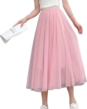 Lu's Chic Women's Pleated Tulle Skirt High Waist Tutu Skirt Chiffon Elastic Waist Summer Layered