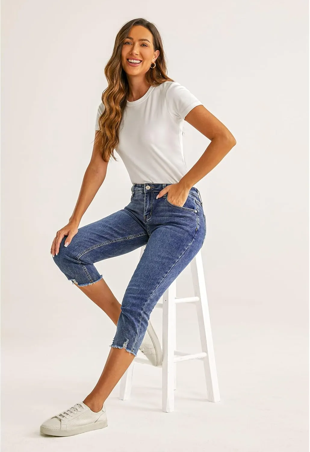 luvamia Jean Capri Pants for Women High Waisted Ripped Skinny Jeans Stretchy Denim Capris Cropped Jeggings with Pockets