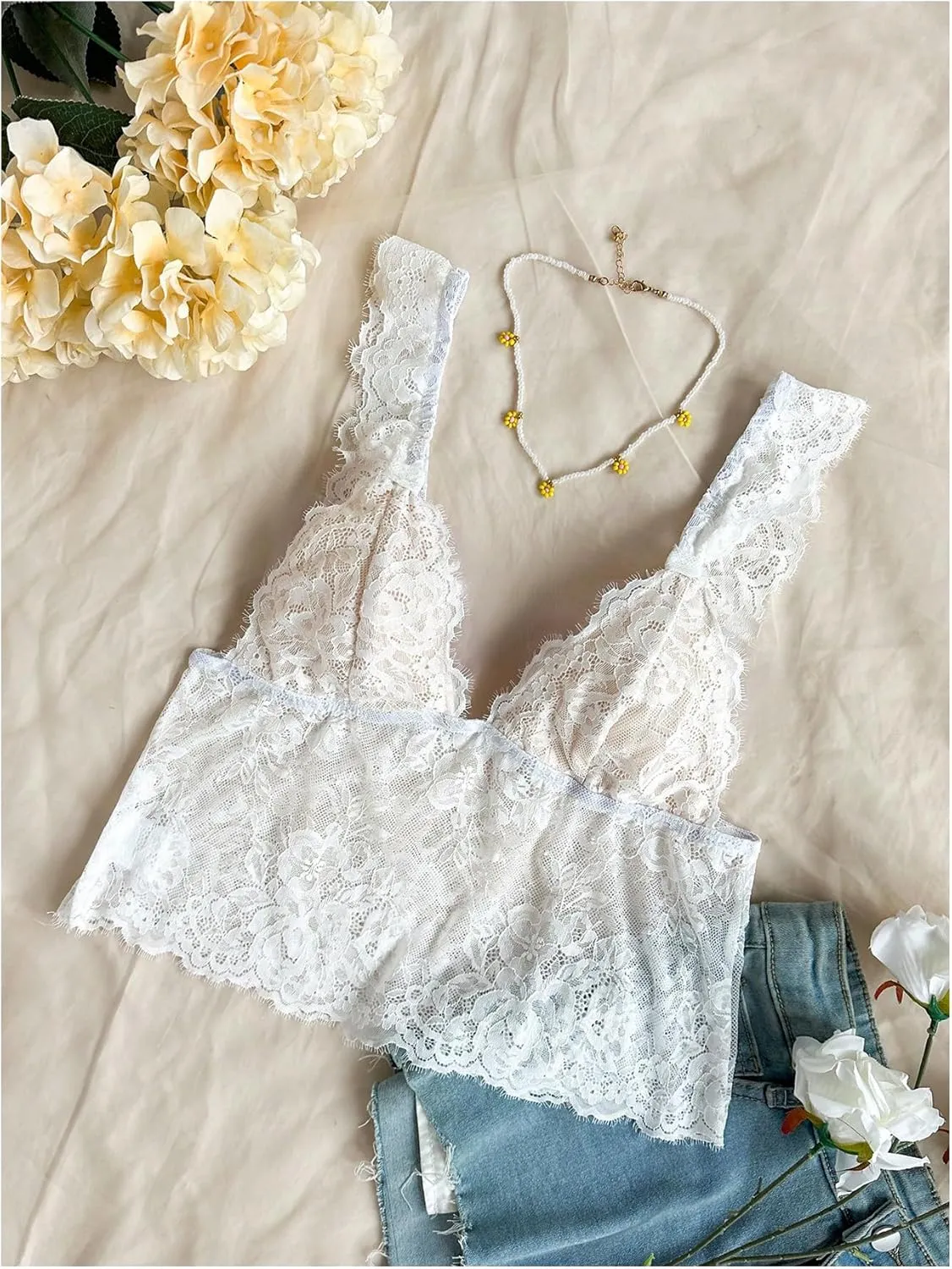 MakeMeChic Women's Floral Lace Mesh Sleeveless Wide Strap Camisole Summer Shirt Crop Tops