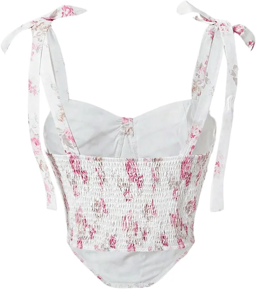 MakeMeChic Women's Floral Print Tie Shoulder Spaghetti Strap Ruched Shirred Cami Tank Tops