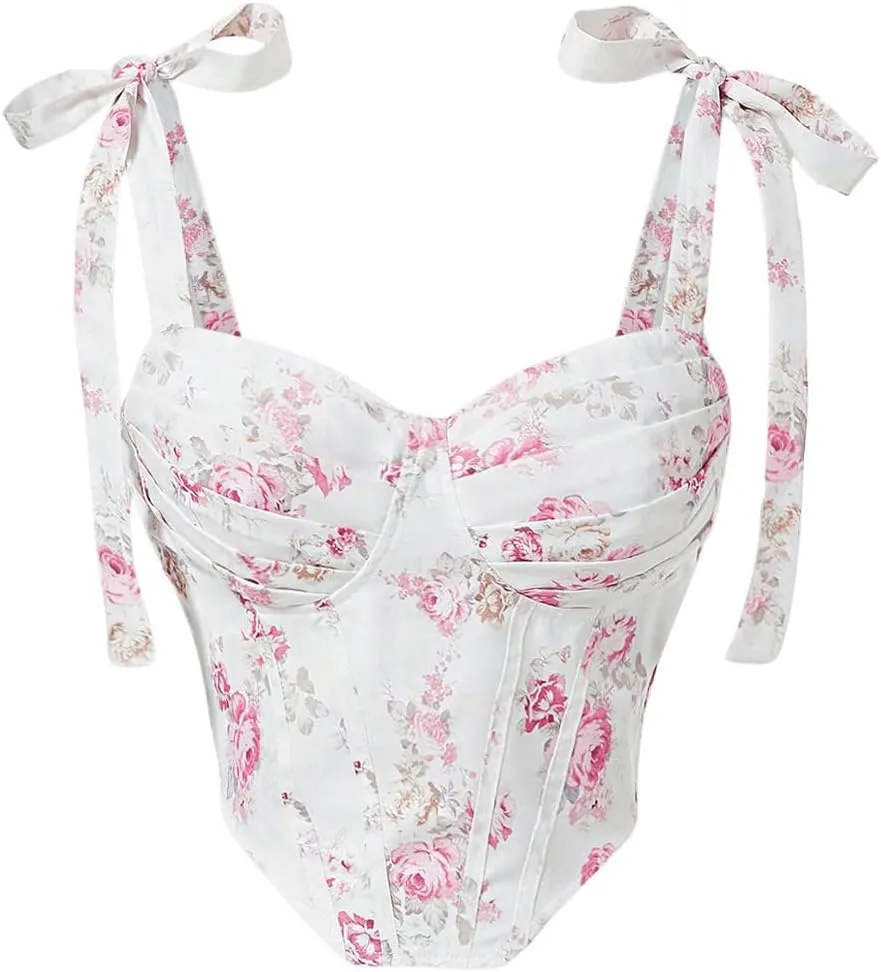 MakeMeChic Women's Floral Print Tie Shoulder Spaghetti Strap Ruched Shirred Cami Tank Tops