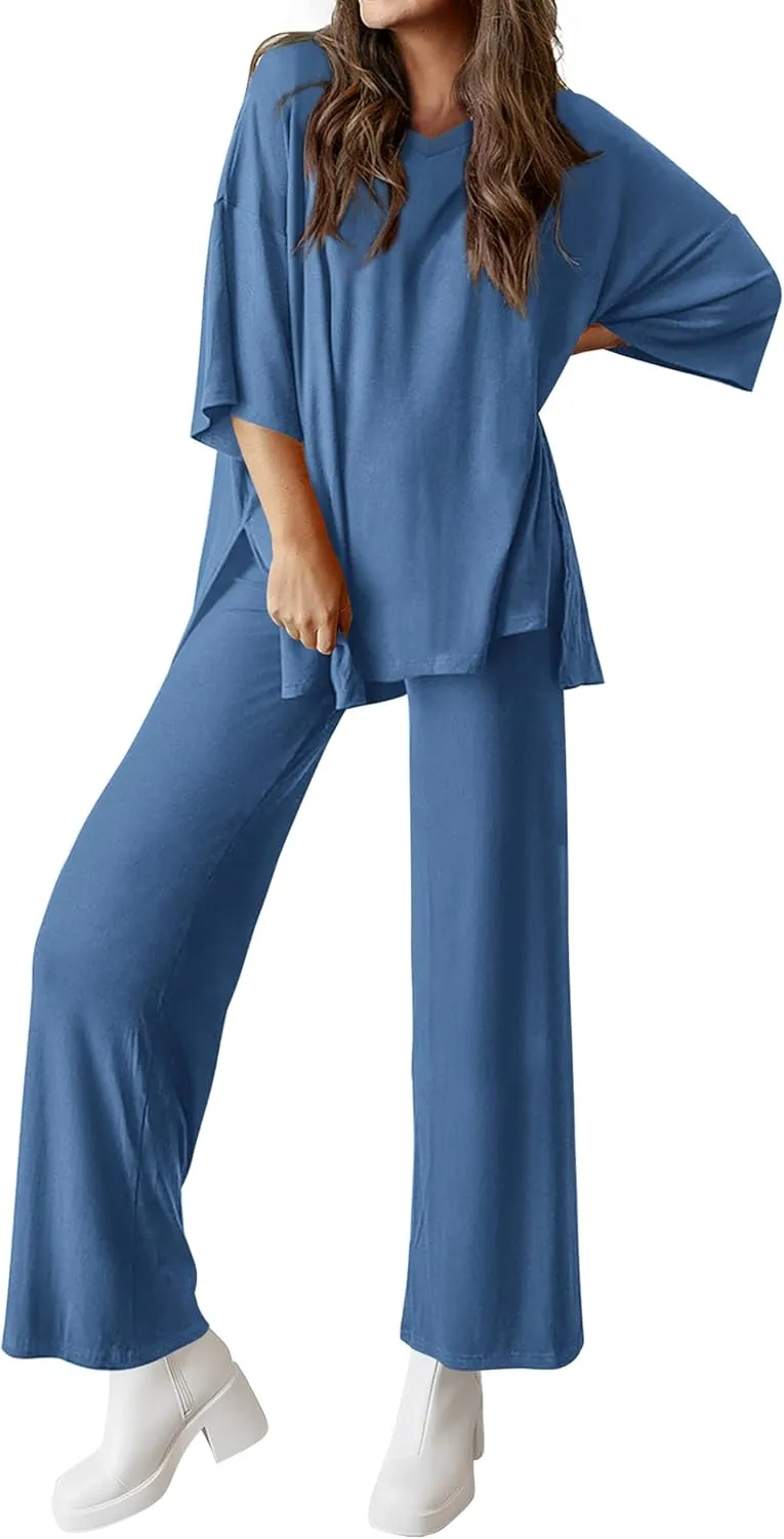 MASCOMODA Womens Summer 2 Piece Outfits Short Sleeve V Neck Tops Wide Leg Long Pants Casual Tracksuit Lounge Set