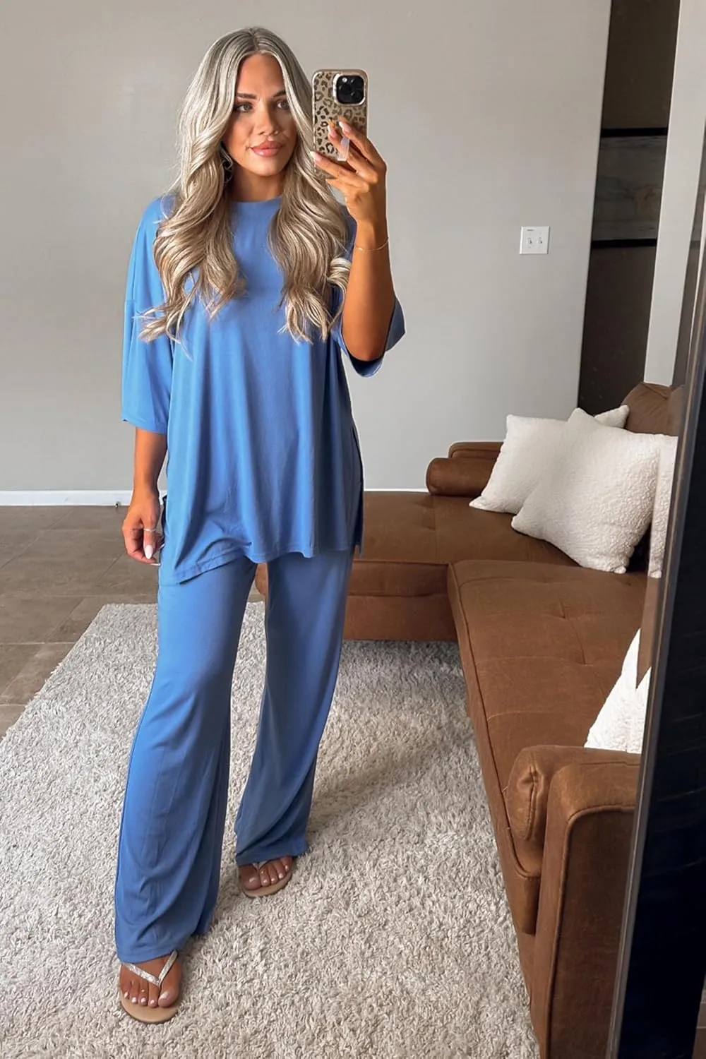 MASCOMODA Womens Summer 2 Piece Outfits Short Sleeve V Neck Tops Wide Leg Long Pants Casual Tracksuit Lounge Set