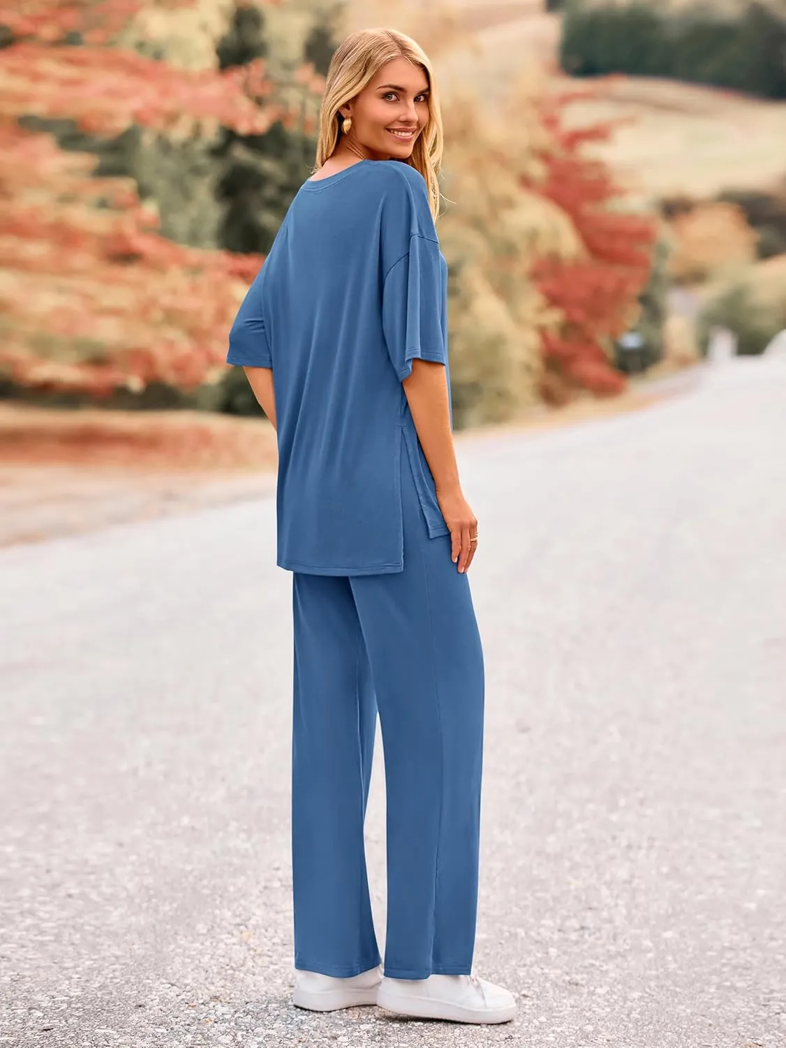 MASCOMODA Womens Summer 2 Piece Outfits Short Sleeve V Neck Tops Wide Leg Long Pants Casual Tracksuit Lounge Set