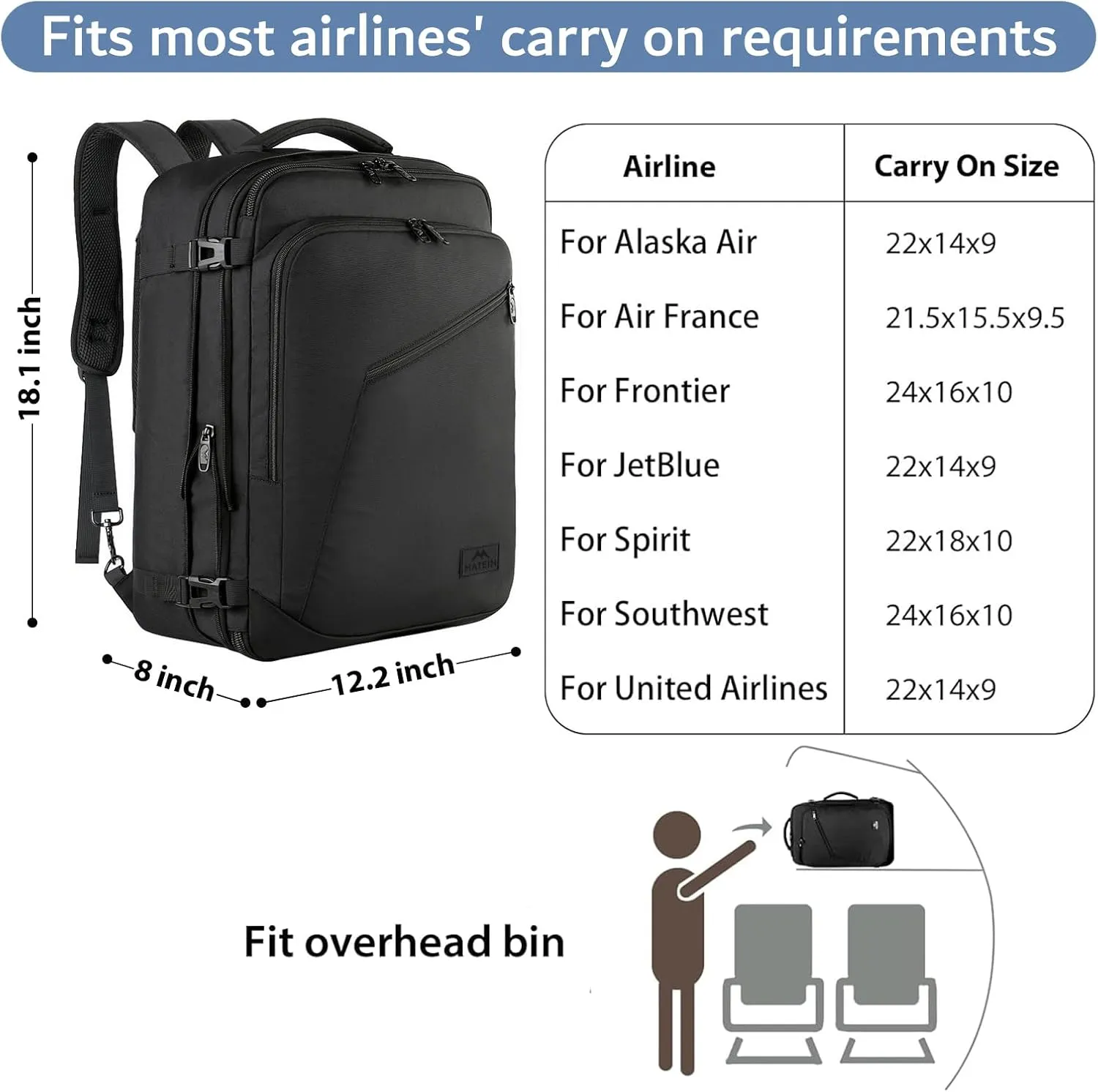 MATEIN Mens Travel Backpack, 27L Lightweight Carry on Backpack for Women, Expandable Business Backpacks, Waterproof Hiking Daypack for Outdoor Sports Rucksack Casual Daypack, Travel Essential, Black