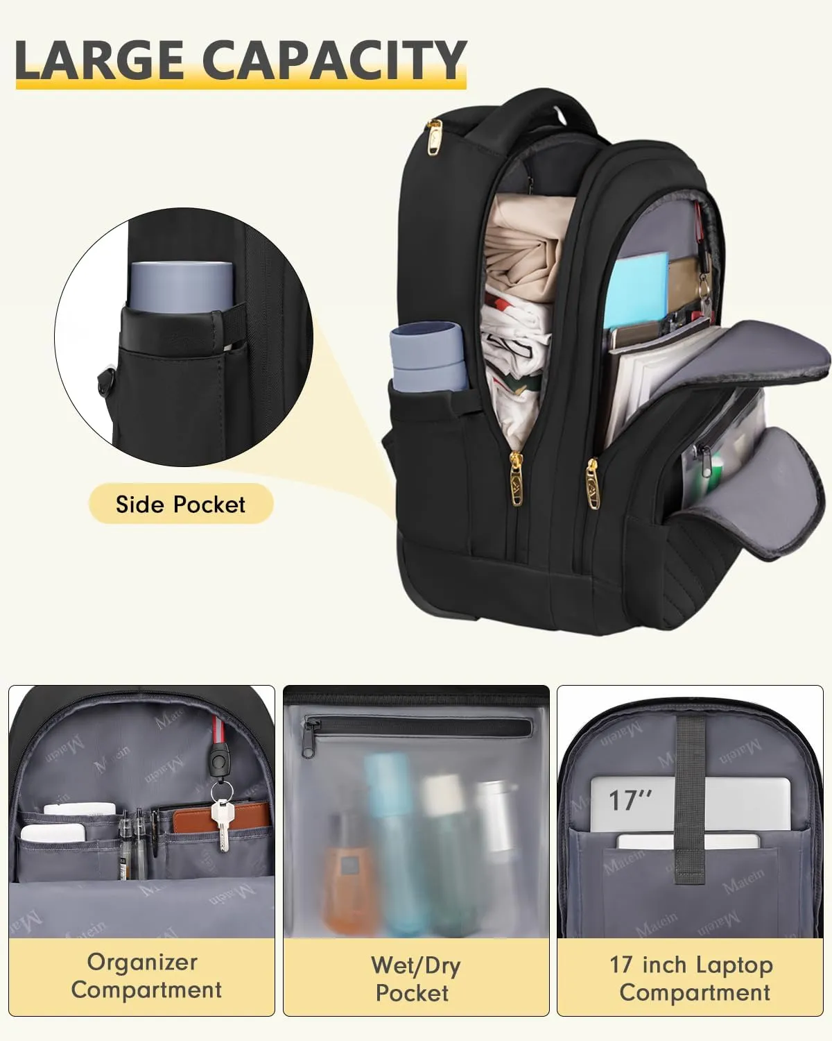MATEIN Rolling Backpack for Women, 17 inch Water Resistant Wheeled Laptop Backpack, Large Carry On Luggage Travel Backpack with Wheels, Trolley Suitcase Business Overnight Roller Bag for Adults, Black