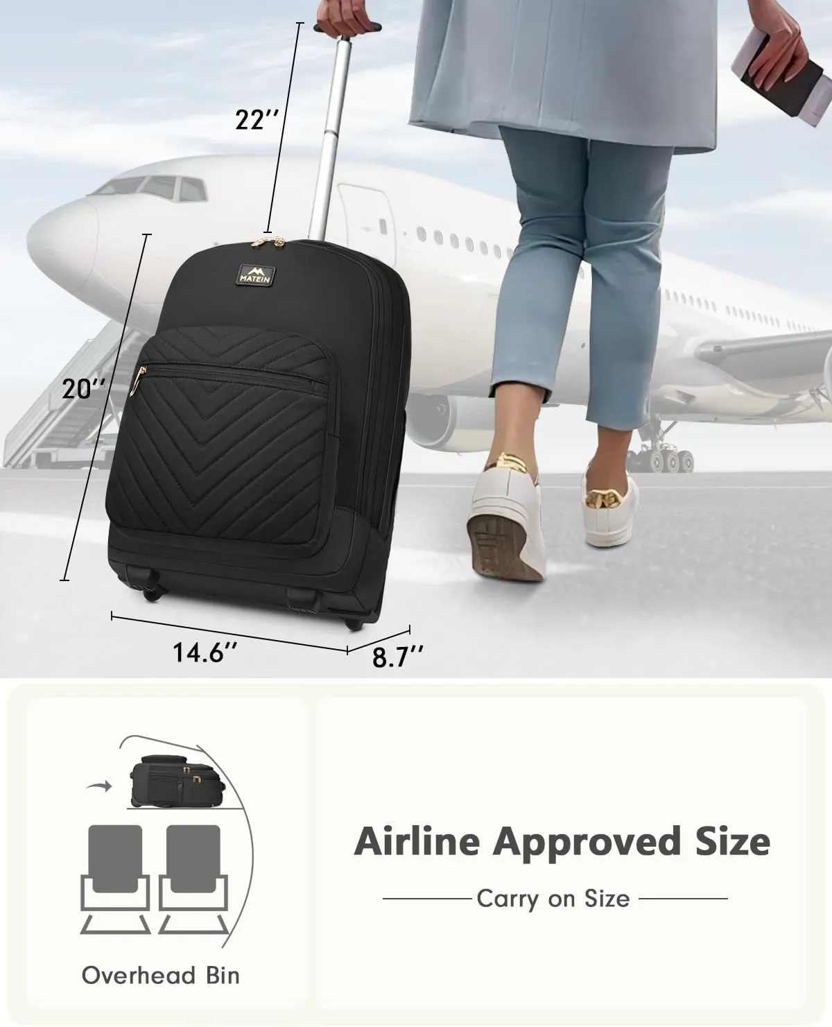 MATEIN Rolling Backpack for Women, 17 inch Water Resistant Wheeled Laptop Backpack, Large Carry On Luggage Travel Backpack with Wheels, Trolley Suitcase Business Overnight Roller Bag for Adults, Black