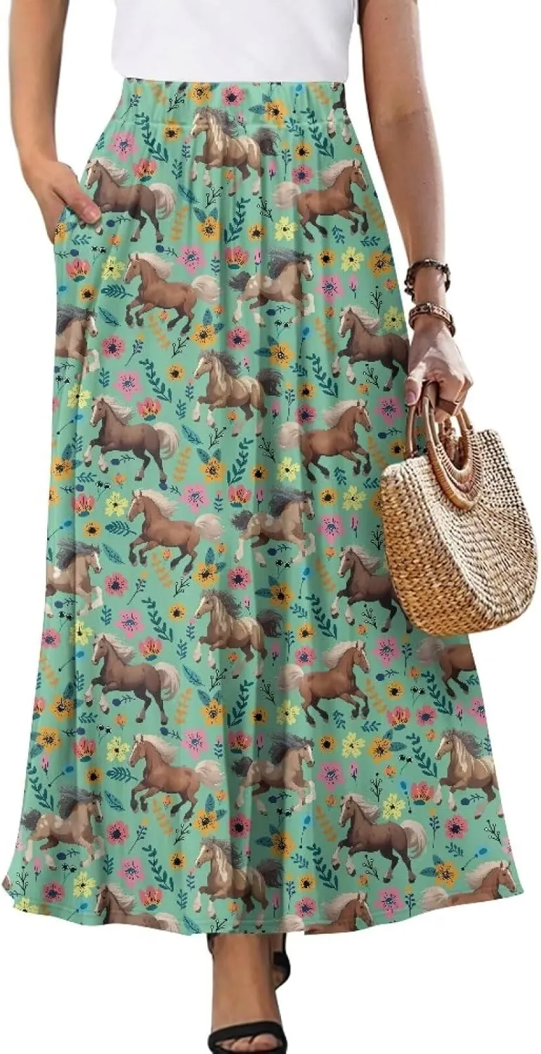 Maxi Skirt for Women Flowy High Waisted Casual Long Skirt Comfy Swing Party Skirts with Pockets Size S-2XL