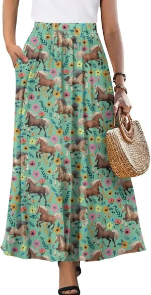 Maxi Skirt for Women Flowy High Waisted Casual Long Skirt Comfy Swing Party Skirts with Pockets Size S-2XL