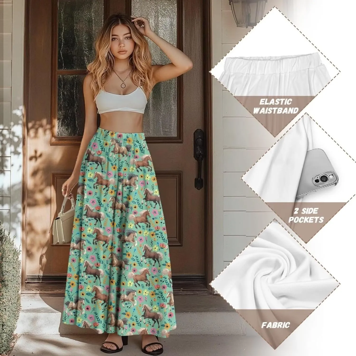 Maxi Skirt for Women Flowy High Waisted Casual Long Skirt Comfy Swing Party Skirts with Pockets Size S-2XL