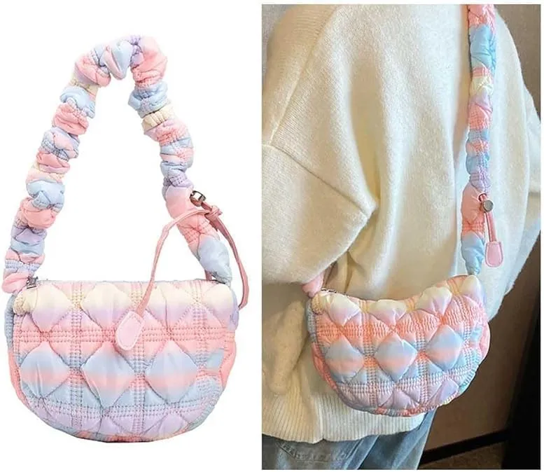 Mini Puffer Shoulder Bag Chic Gradient Rainbow Cloud Bag Quilted Hobo Crossbody Bag Handbag Cute Small Purse Satchel