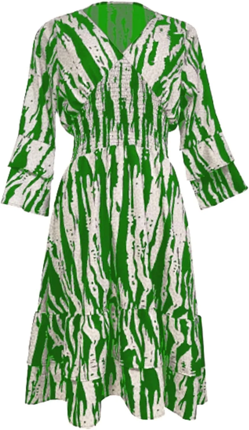 Miyaomn Women's Casual Print V Neck Summer Dresses Smocked Waist Long Sleeve Sundress Ruffled Flowy Beach Vacation Midi Dress