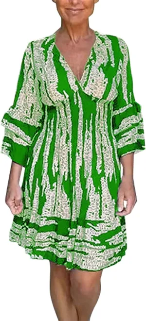 Miyaomn Women's Casual Print V Neck Summer Dresses Smocked Waist Long Sleeve Sundress Ruffled Flowy Beach Vacation Midi Dress