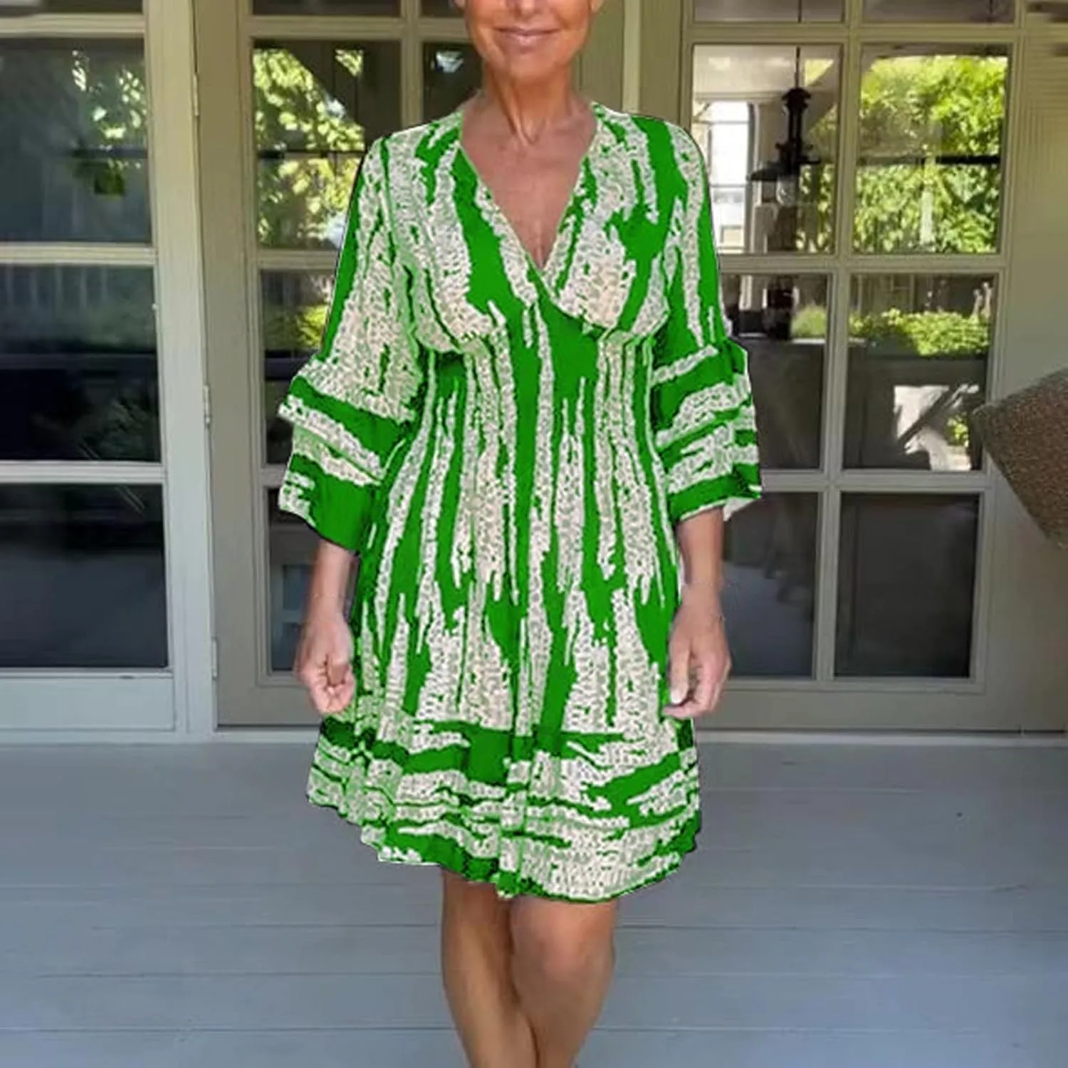 Miyaomn Women's Casual Print V Neck Summer Dresses Smocked Waist Long Sleeve Sundress Ruffled Flowy Beach Vacation Midi Dress