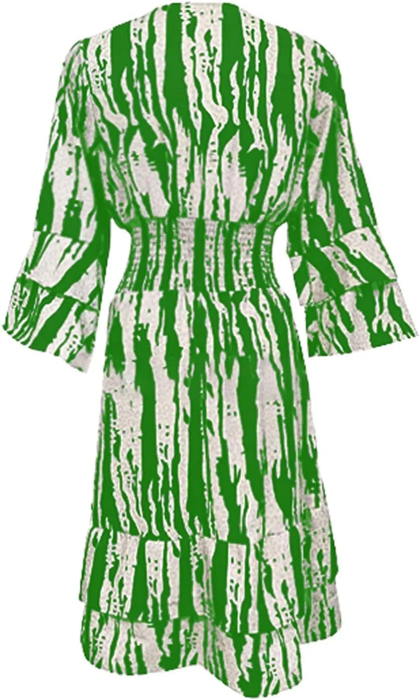 Miyaomn Women's Casual Print V Neck Summer Dresses Smocked Waist Long Sleeve Sundress Ruffled Flowy Beach Vacation Midi Dress