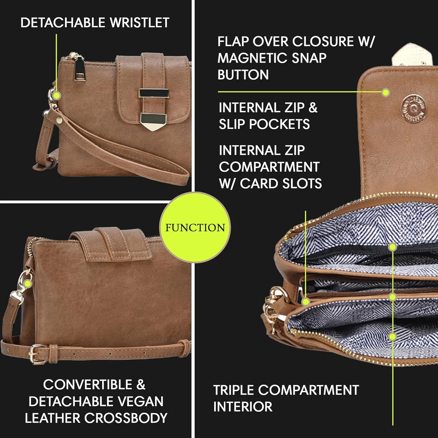 Miztique Dara Convertible Crossbody | Vegan Leather Wristlet with Detachable Crossbody Strap |