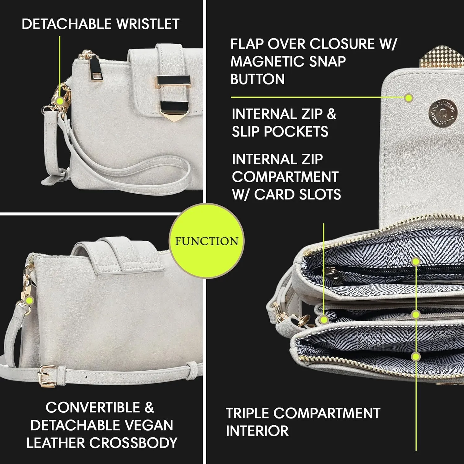 Miztique Dara Convertible Crossbody | Vegan Leather Wristlet with Detachable Crossbody Strap |