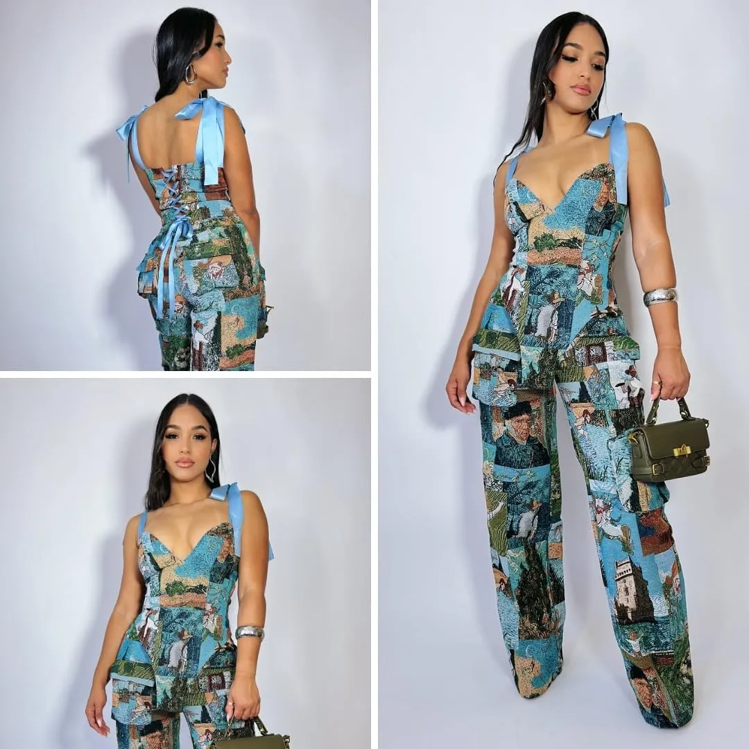 Molilove Sexy 2 Piece Sets for Women Pastel Print Sleeveless Croset Top and Wide Leg Pants with Multi-Pocketed Summer Outfits
