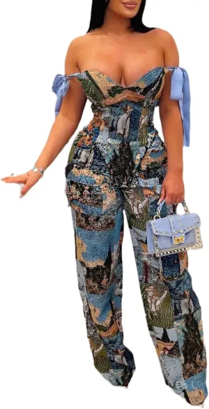 Molilove Sexy 2 Piece Sets for Women Pastel Print Sleeveless Croset Top and Wide Leg Pants with Multi-Pocketed Summer Outfits