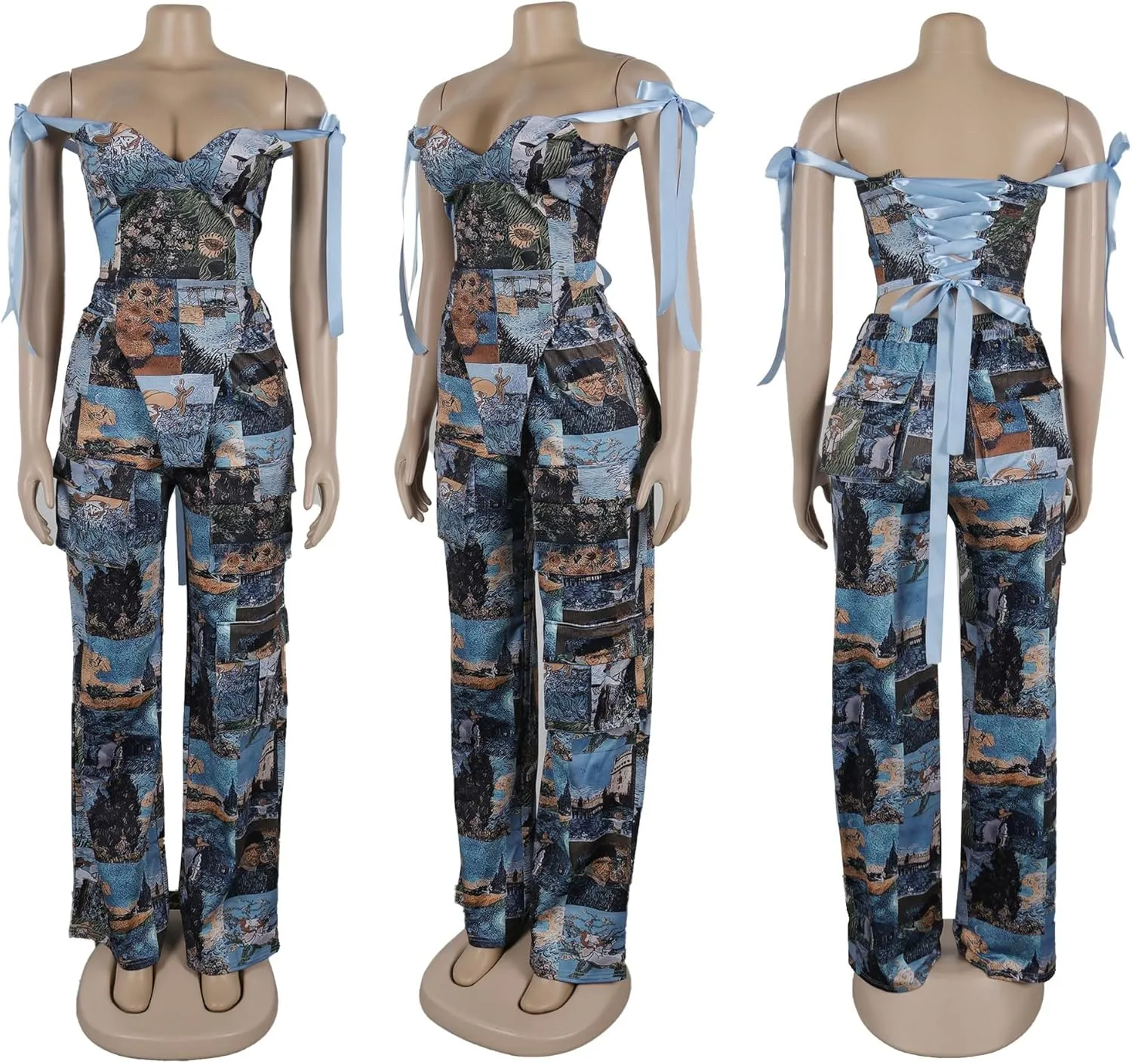 Molilove Sexy 2 Piece Sets for Women Pastel Print Sleeveless Croset Top and Wide Leg Pants with Multi-Pocketed Summer Outfits