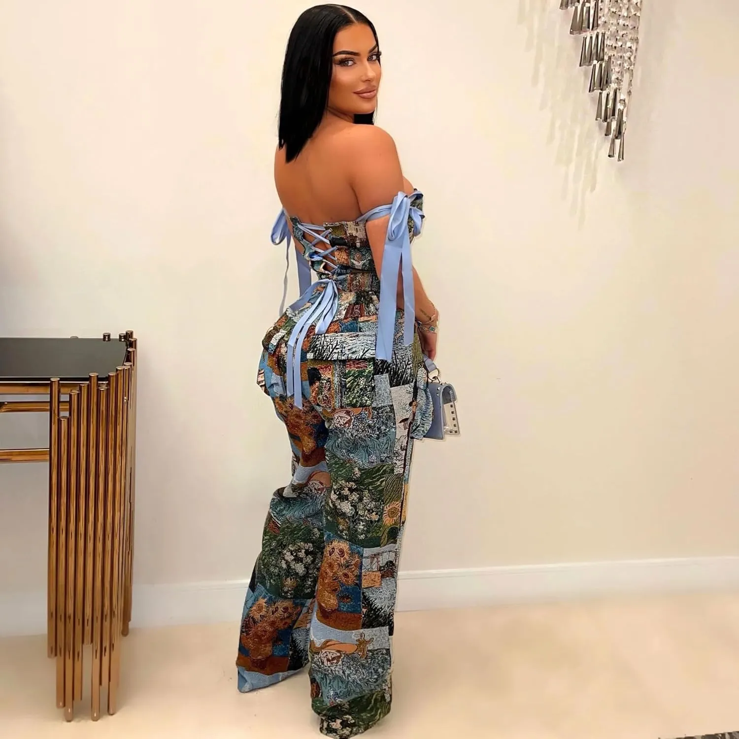 Molilove Sexy 2 Piece Sets for Women Pastel Print Sleeveless Croset Top and Wide Leg Pants with Multi-Pocketed Summer Outfits