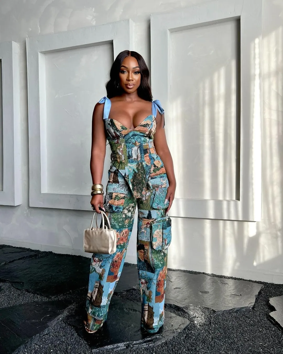 Molilove Sexy 2 Piece Sets for Women Pastel Print Sleeveless Croset Top and Wide Leg Pants with Multi-Pocketed Summer Outfits