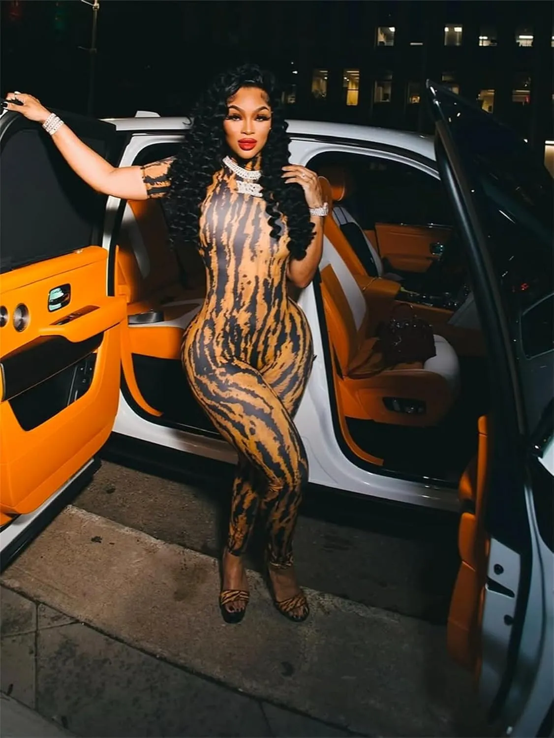 Molilove Women's Sexy Bodycon Jumpsuit Cheetah One Piece Set Backless Animal Print Jumpsuits Mock Neck Short Sleeve Clubwear