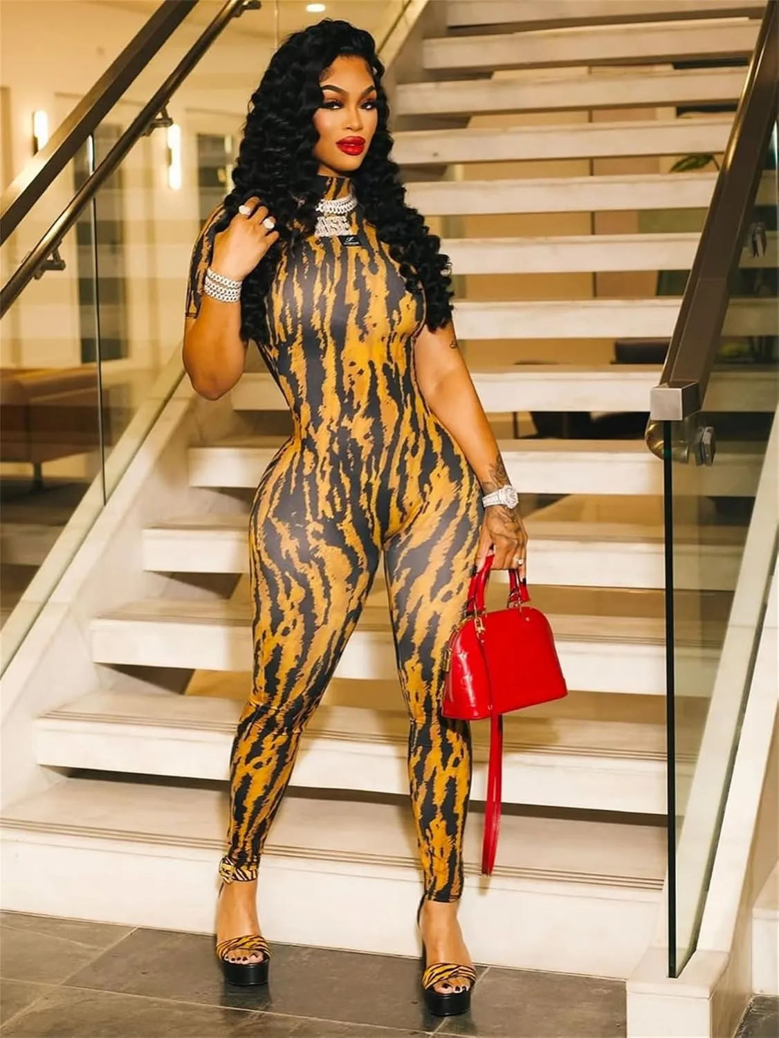 Molilove Women's Sexy Bodycon Jumpsuit Cheetah One Piece Set Backless Animal Print Jumpsuits Mock Neck Short Sleeve Clubwear