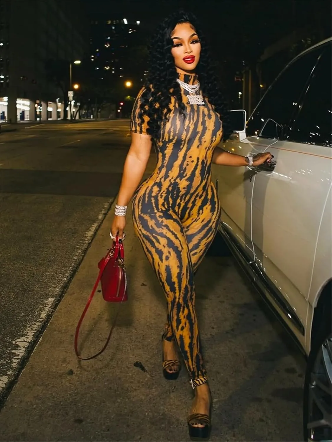Molilove Women's Sexy Bodycon Jumpsuit Cheetah One Piece Set Backless Animal Print Jumpsuits Mock Neck Short Sleeve Clubwear