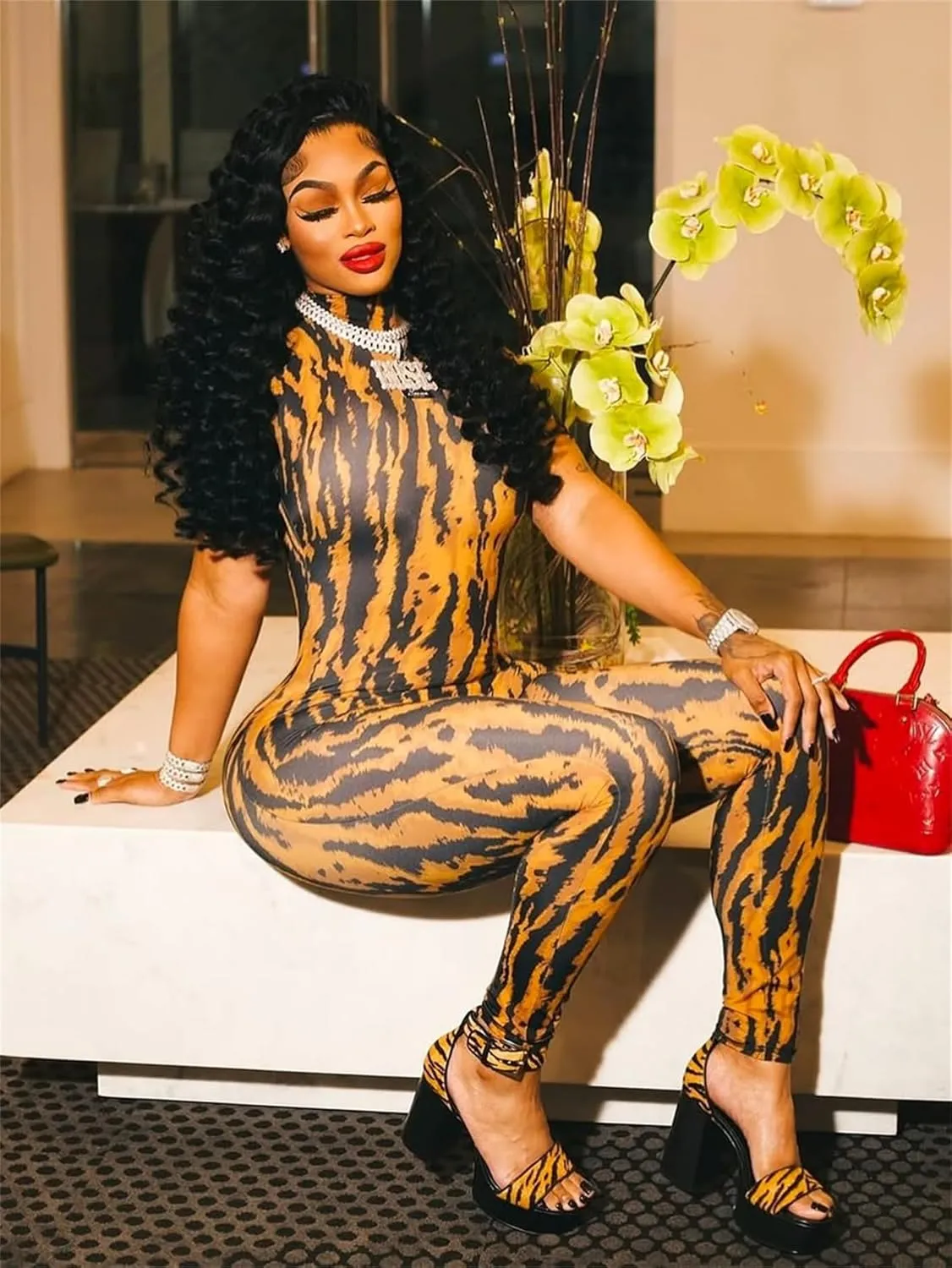 Molilove Women's Sexy Bodycon Jumpsuit Cheetah One Piece Set Backless Animal Print Jumpsuits Mock Neck Short Sleeve Clubwear