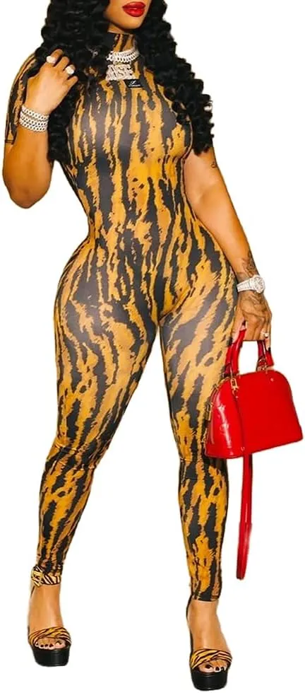 Molilove Women's Sexy Bodycon Jumpsuit Cheetah One Piece Set Backless Animal Print Jumpsuits Mock Neck Short Sleeve Clubwear