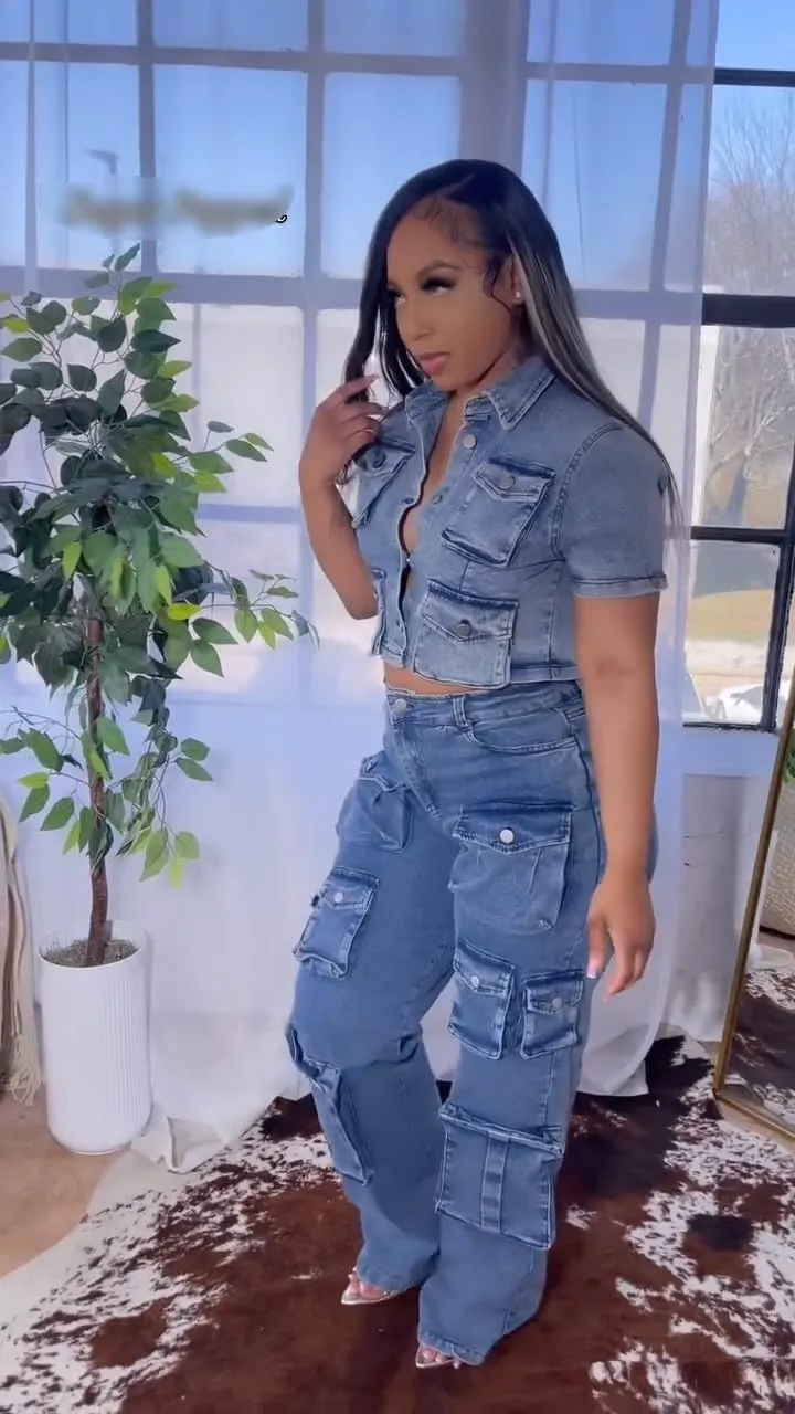 Molilove Women's Two Piece Denim Outfits Short Sleeve Cropped Jean Jacket Cargo Pants with Pockets Y2K Tracksuit Set