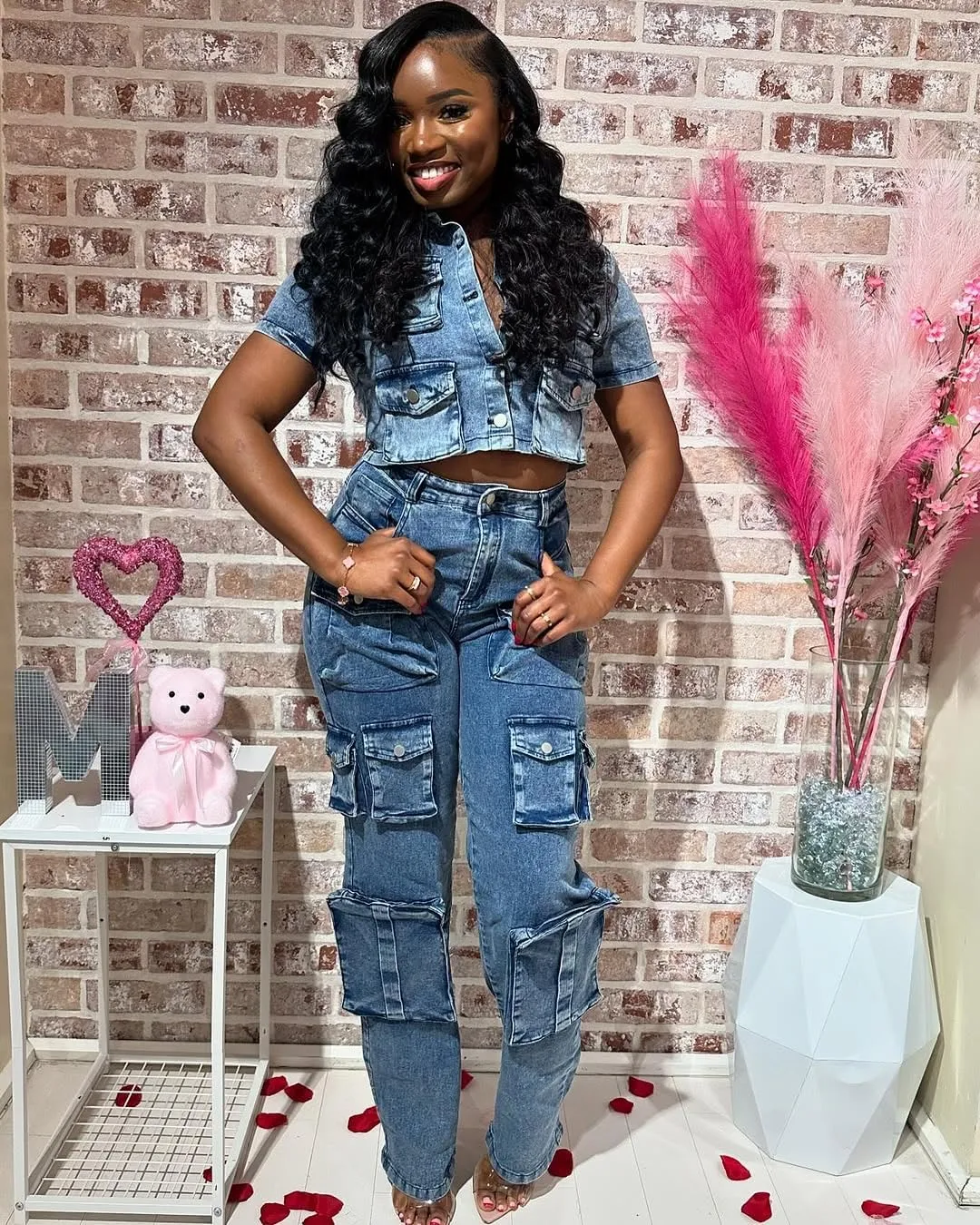 Molilove Women's Two Piece Denim Outfits Short Sleeve Cropped Jean Jacket Cargo Pants with Pockets Y2K Tracksuit Set