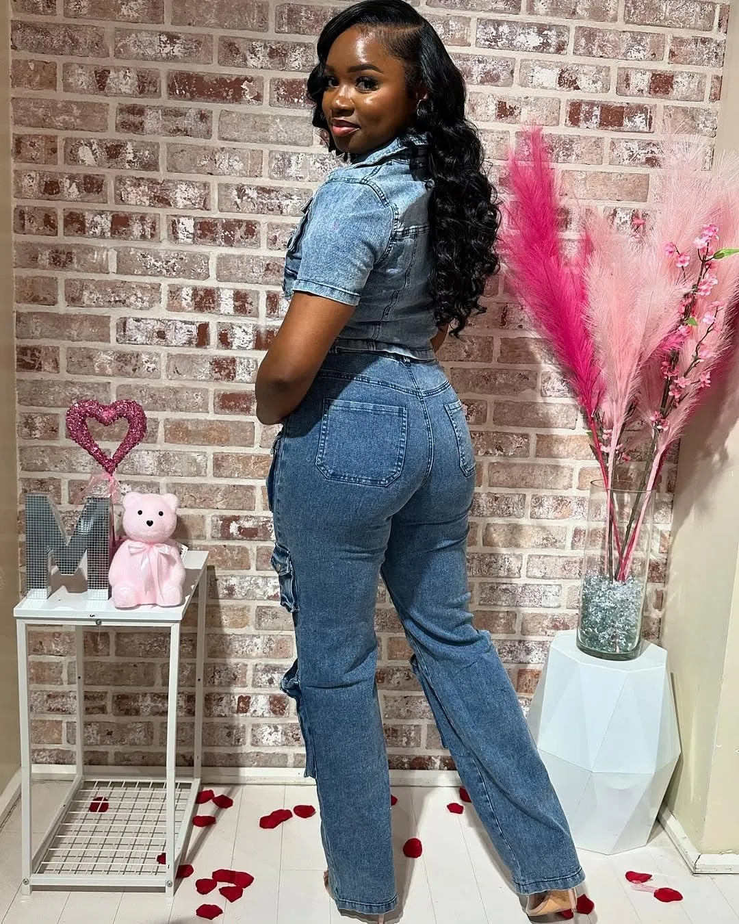 Molilove Women's Two Piece Denim Outfits Short Sleeve Cropped Jean Jacket Cargo Pants with Pockets Y2K Tracksuit Set