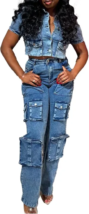 Molilove Women's Two Piece Denim Outfits Short Sleeve Cropped Jean Jacket Cargo Pants with Pockets Y2K Tracksuit Set