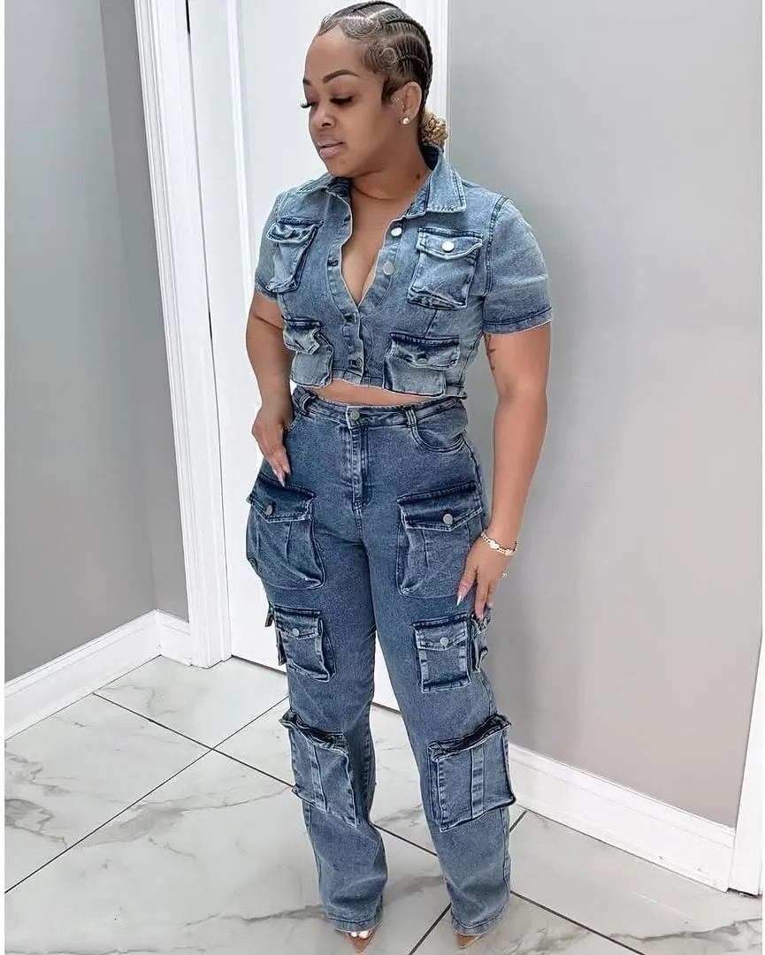Molilove Women's Two Piece Denim Outfits Short Sleeve Cropped Jean Jacket Cargo Pants with Pockets Y2K Tracksuit Set