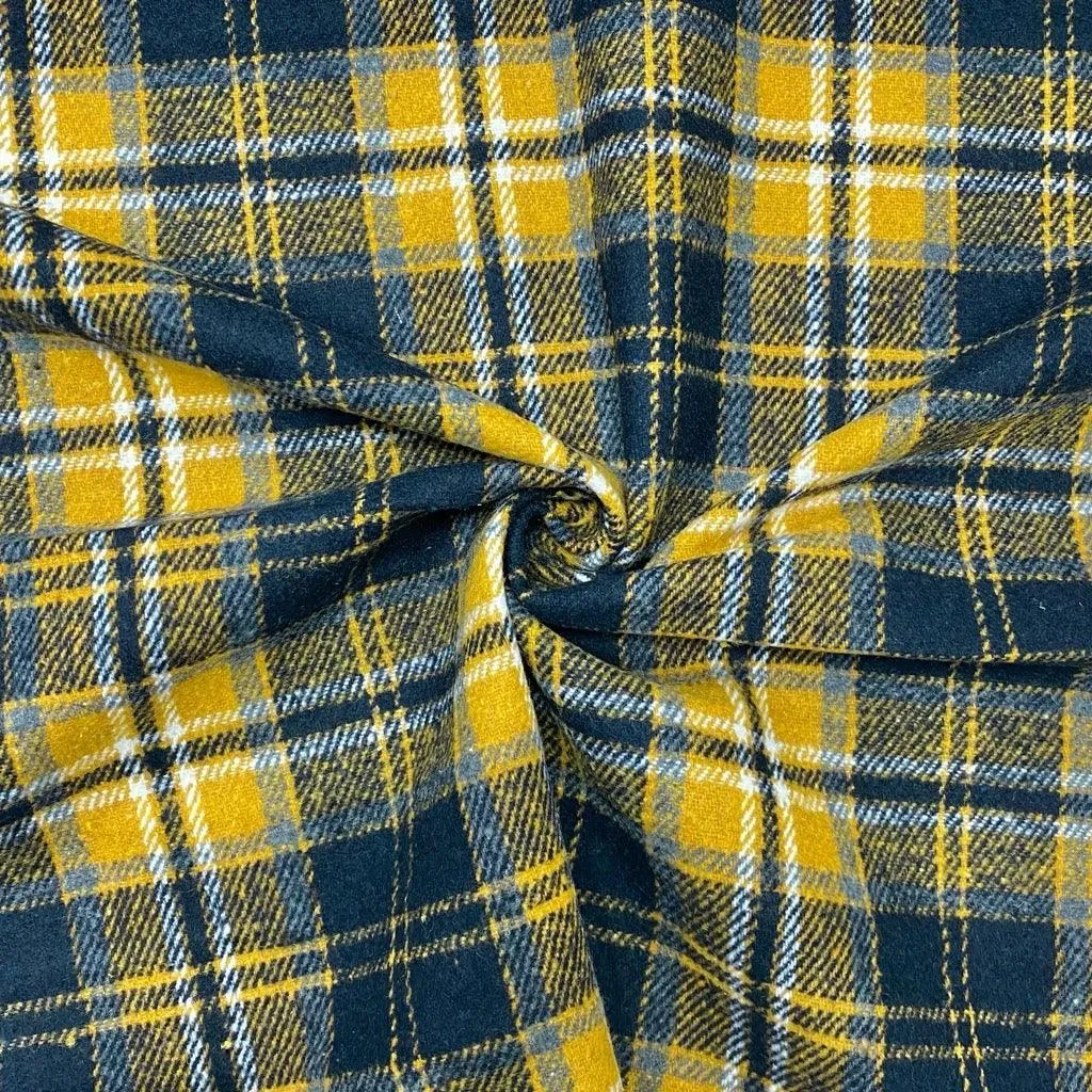 Mustard and Navy Checkered Wool Blend Fabric