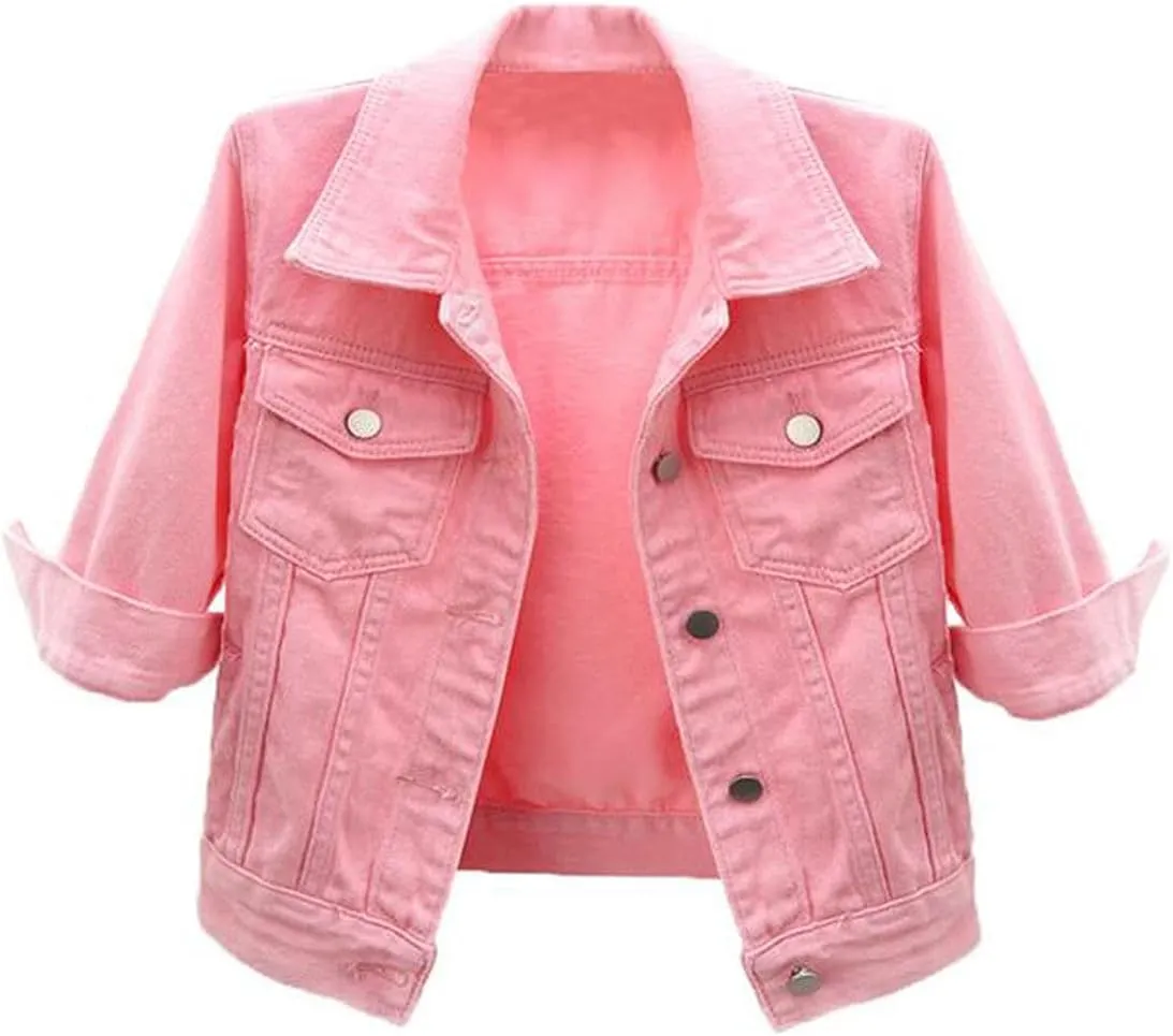 MYtodo Women's Colored Short Denim Jacket Seven-point Sleeve Jean Jacket Shawl Tops
