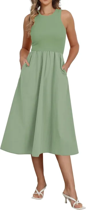 Naggoo Women's Sleeveless Dress Summer Casual Flowy Sundress Knit Tank Top Racerback Midi Dresses Pockets