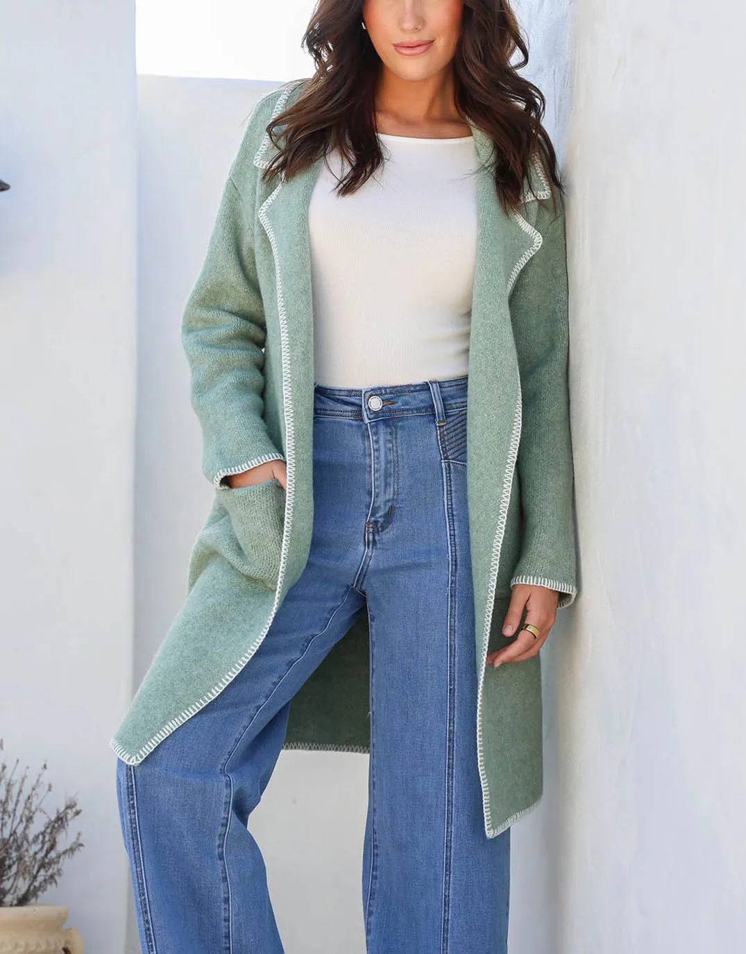 Noa Blanket Stitch Coatigan - Sage