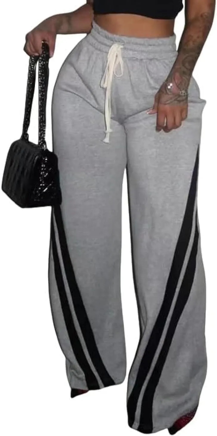 NRTHYE Women's High Waist Wide Leg Sweatpants Straight Leg Pants Casual Striped Pants