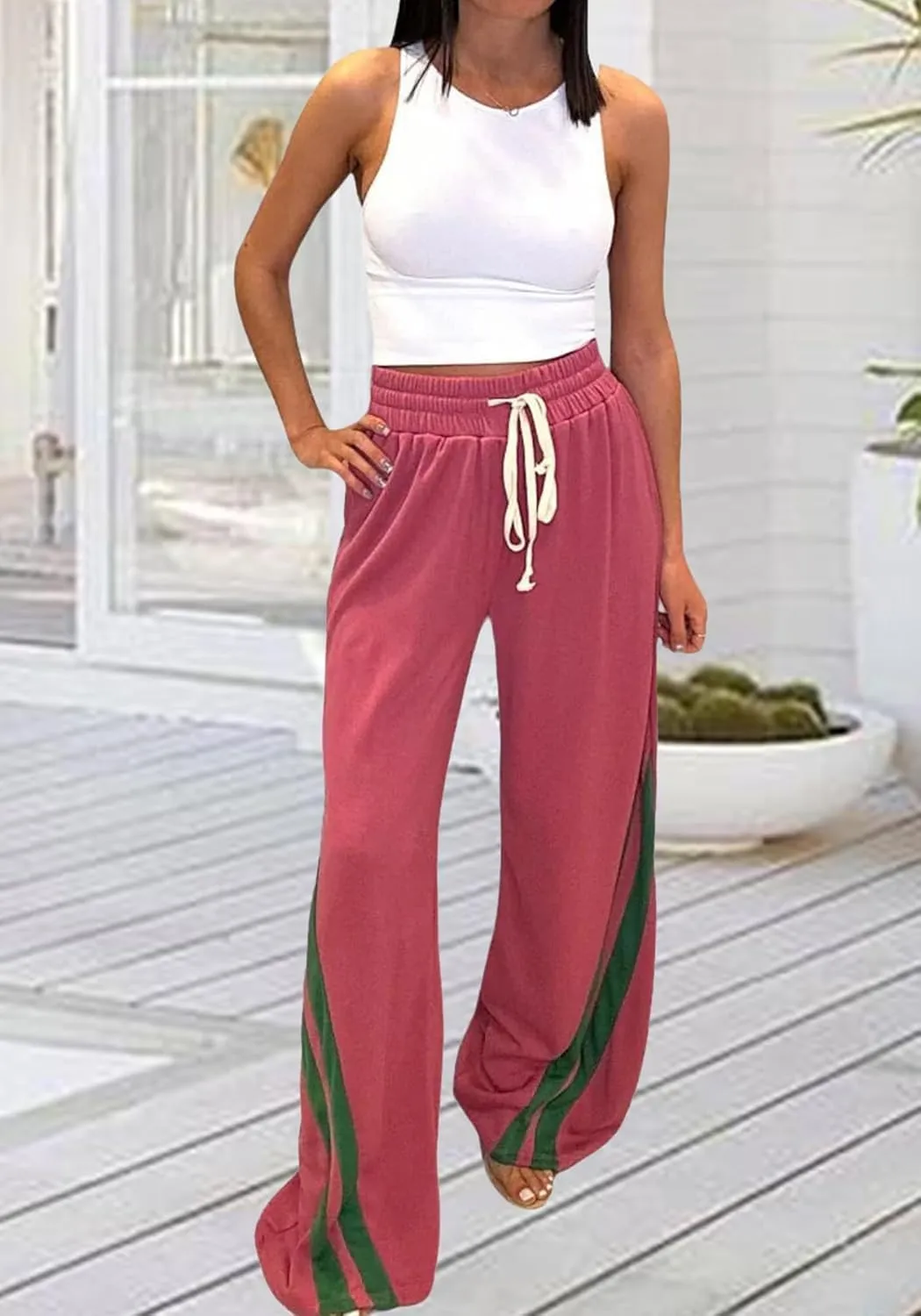 NRTHYE Women's High Waist Wide Leg Sweatpants Straight Leg Pants Casual Striped Pants