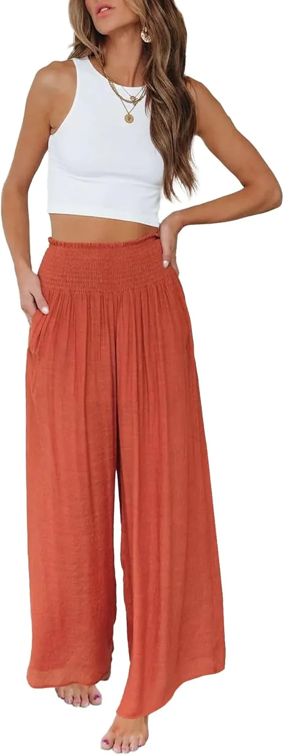 OPOIPIN Women's Smocked High Waisted Lounge Trousers Wide Leg Long Pants with Pockets