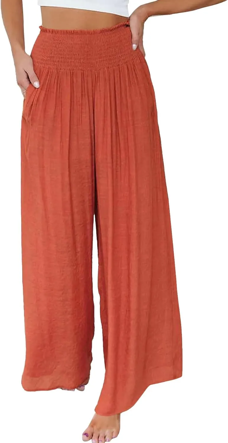 OPOIPIN Women's Smocked High Waisted Lounge Trousers Wide Leg Long Pants with Pockets