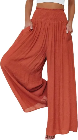 OPOIPIN Women's Smocked High Waisted Lounge Trousers Wide Leg Long Pants with Pockets