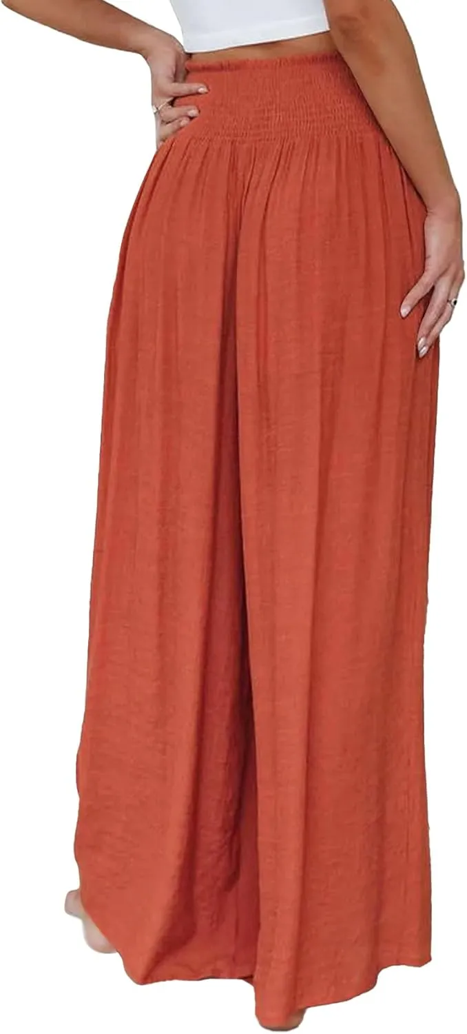 OPOIPIN Women's Smocked High Waisted Lounge Trousers Wide Leg Long Pants with Pockets